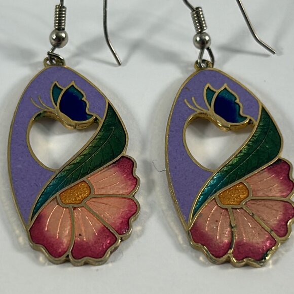 Purple Green Enamel Butterfly Flower Dangle Earrings Teardrop Shape Silver Tone - Picture 3 of 7